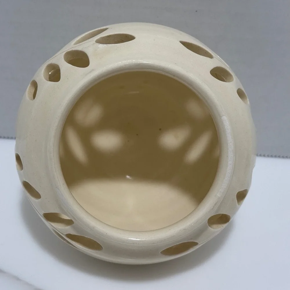 Vintage Handmade Ceramic Pottery Candle Luminary Cutout Pierced Leaves Signed
